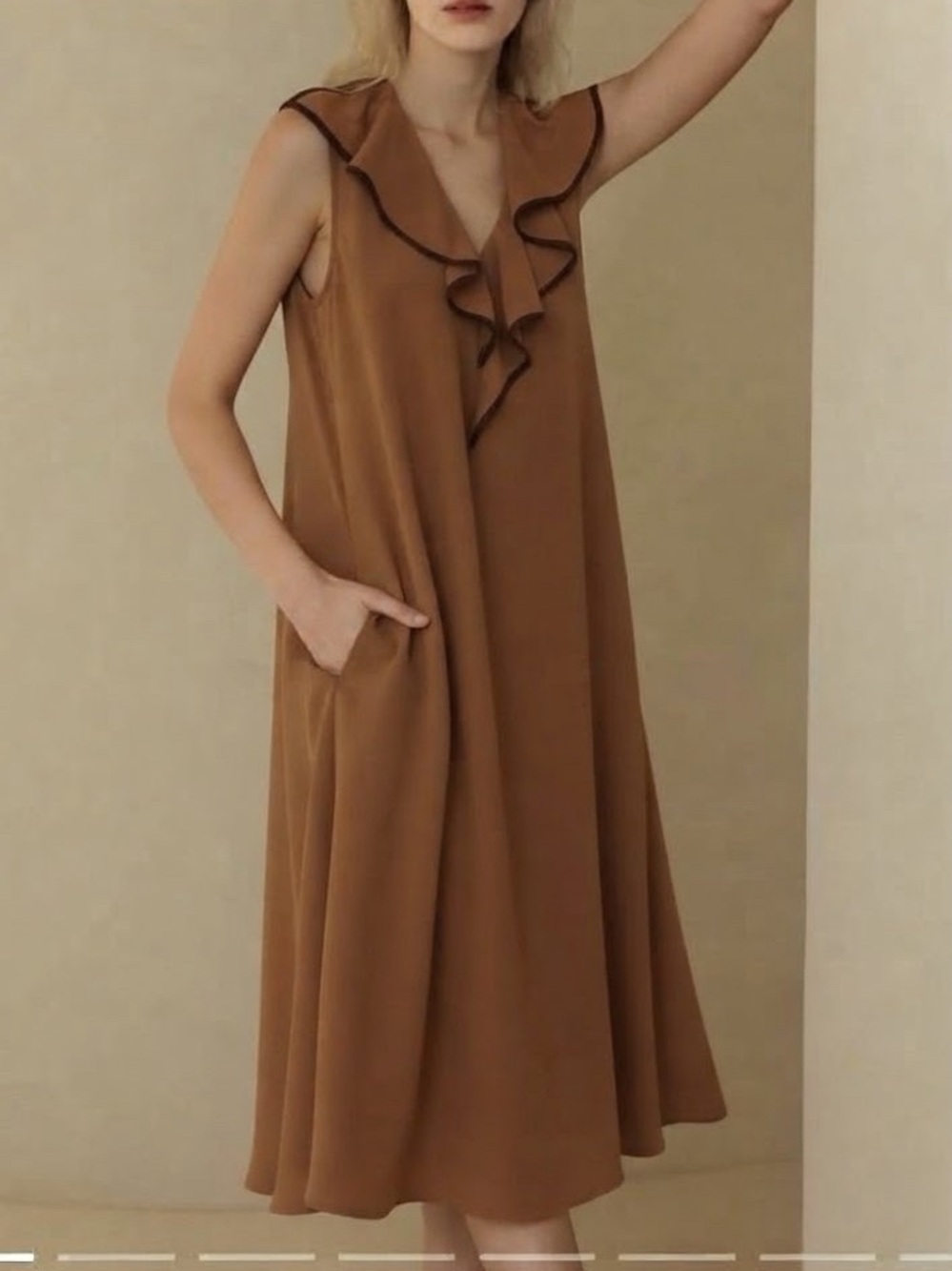 Lily Silk Vneck Sleeveless Silk Orchid Dress Dark Caramel Ruffle Neck
